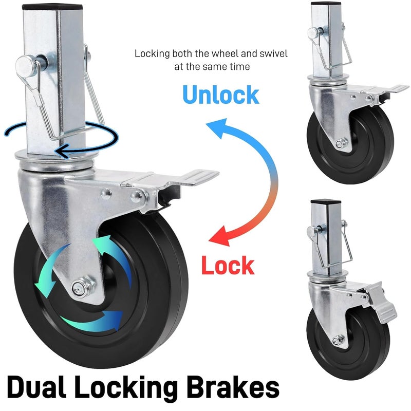 ELFULLY 5 Inch Scaffolding Casters, Set of 2 Baker Scaffold Wheels with Dual Locking Brakes, Heavy Duty 1-1/4" Square Stem Scaffolding Accessories for Workbench Shelves, 440 lbs Capacity per Caster - Image 3